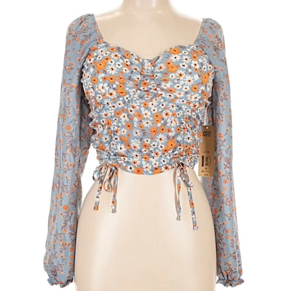 Madden NYC Floral Ruched Crop Top - Light Blue and Orange